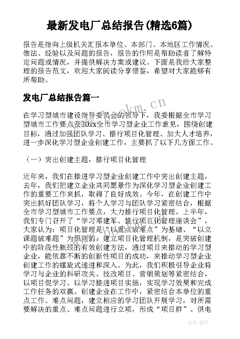 最新发电厂总结报告(精选6篇)