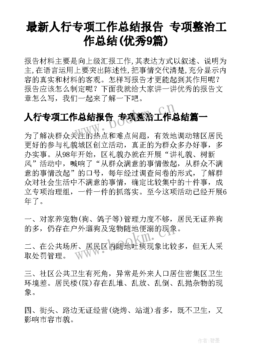 最新人行专项工作总结报告 专项整治工作总结(优秀9篇)