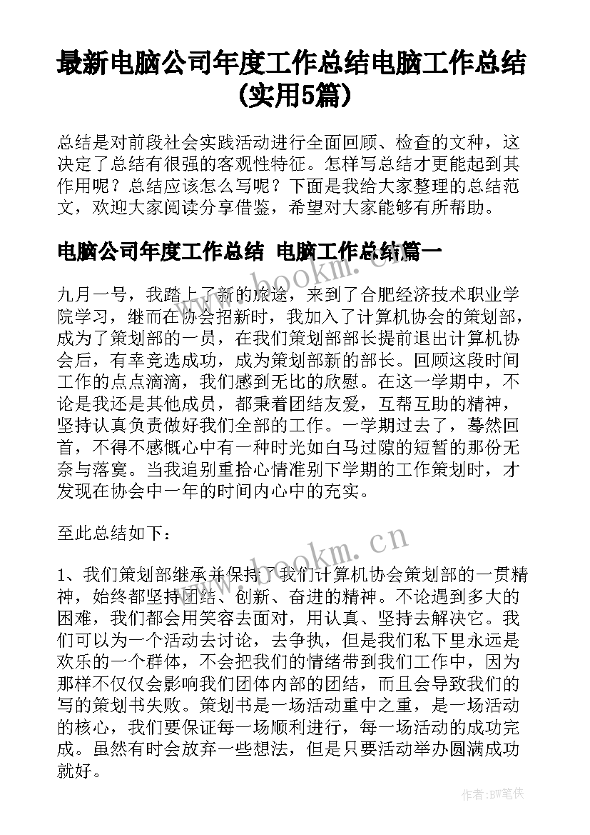 最新电脑公司年度工作总结 电脑工作总结(实用5篇)