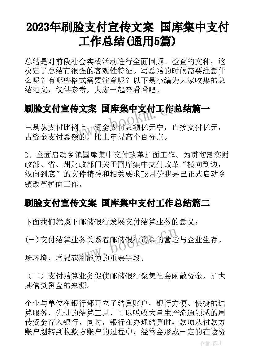 2023年刷脸支付宣传文案 国库集中支付工作总结(通用5篇)