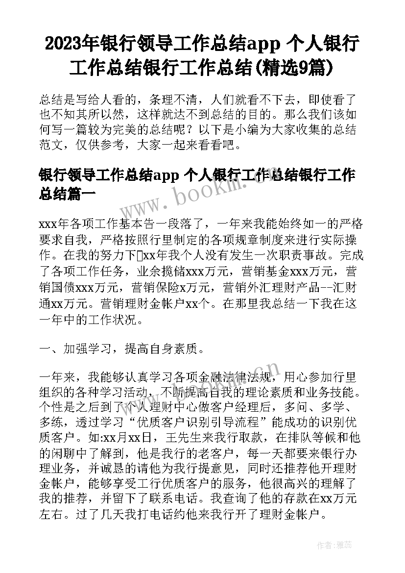 2023年银行领导工作总结app 个人银行工作总结银行工作总结(精选9篇)