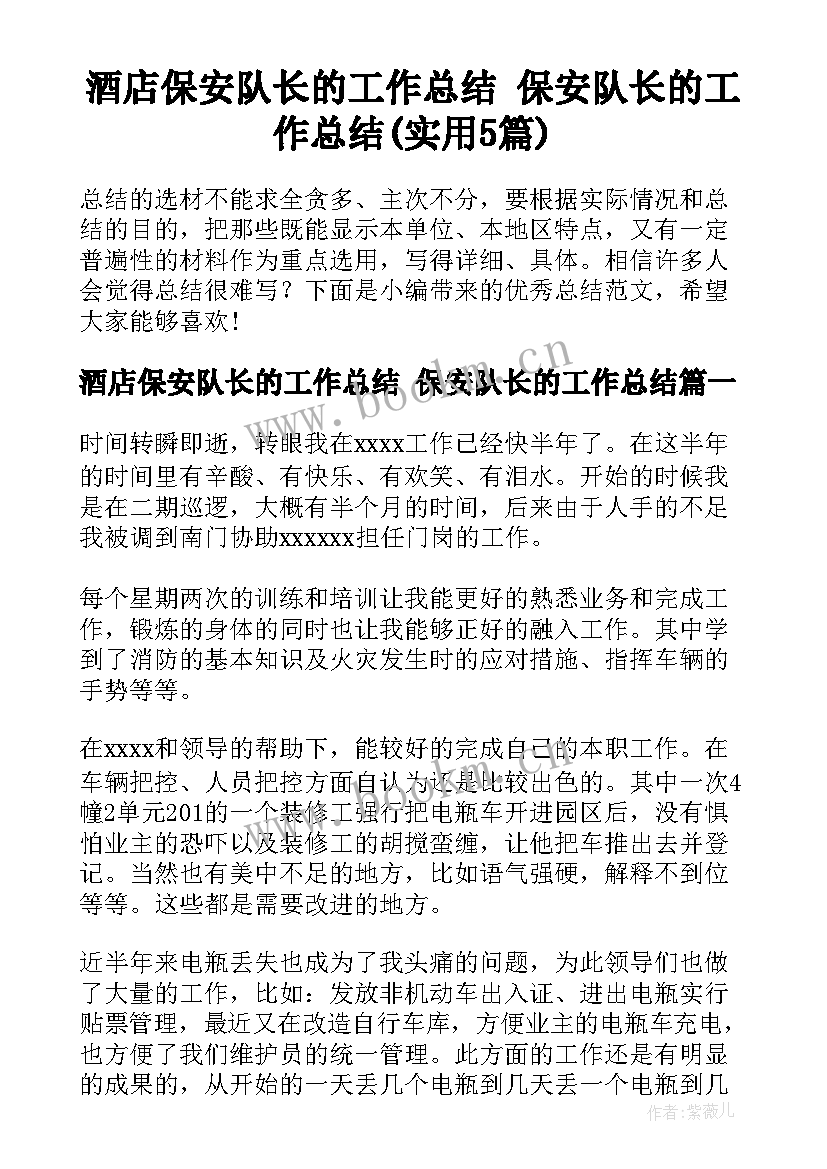 酒店保安队长的工作总结 保安队长的工作总结(实用5篇)