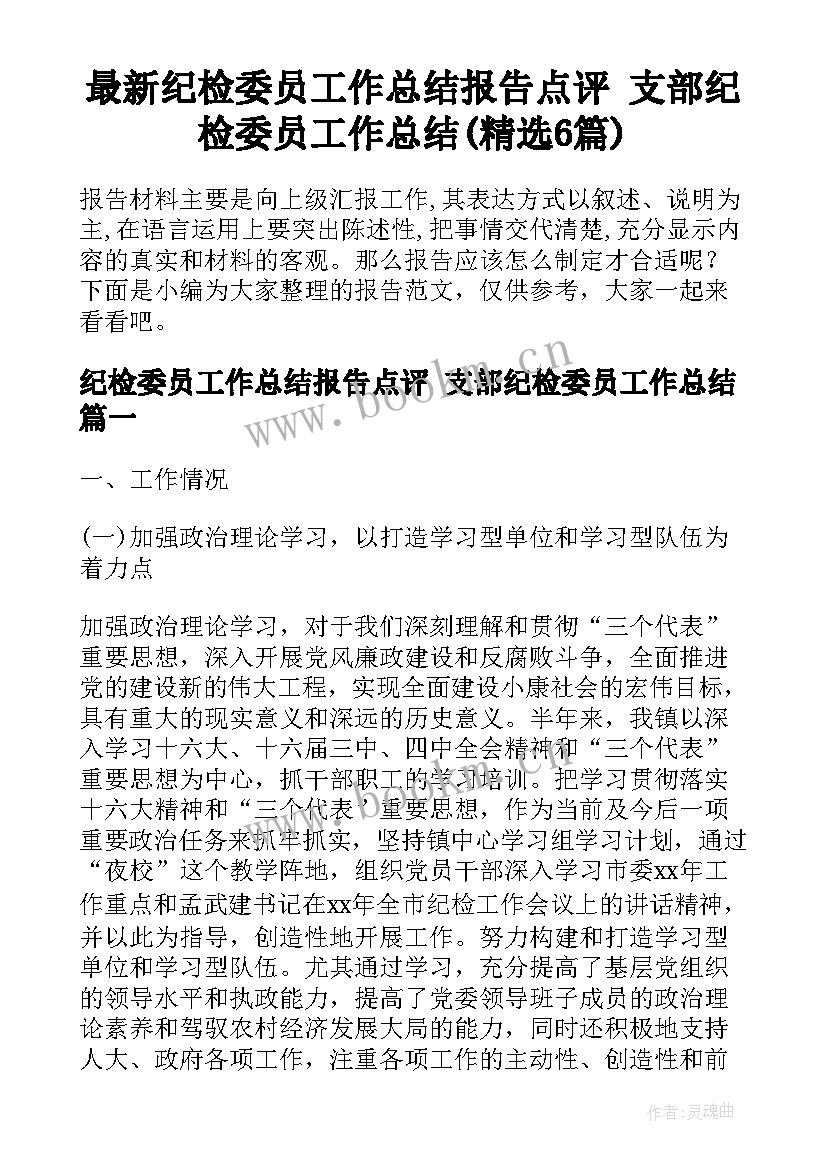 最新纪检委员工作总结报告点评 支部纪检委员工作总结(精选6篇)