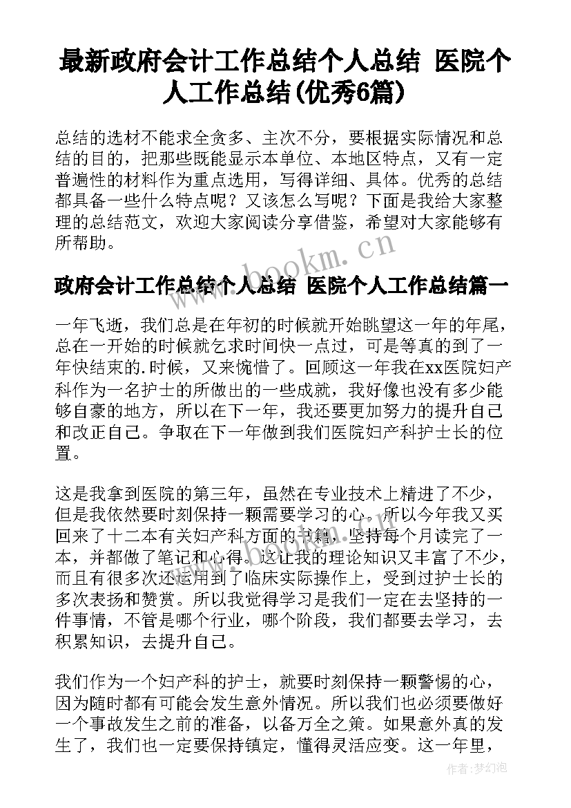 最新政府会计工作总结个人总结 医院个人工作总结(优秀6篇)