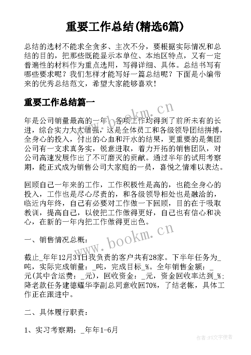 重要工作总结(精选6篇)