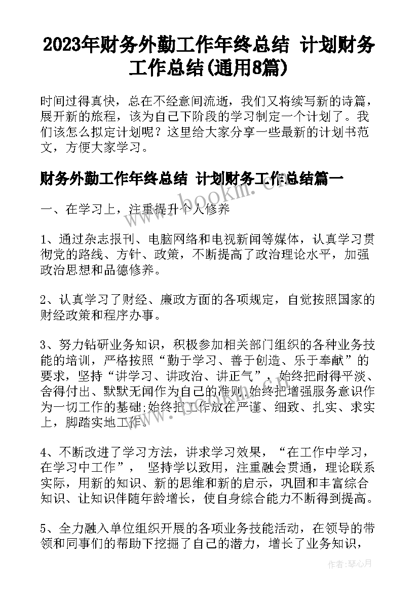 2023年财务外勤工作年终总结 计划财务工作总结(通用8篇)