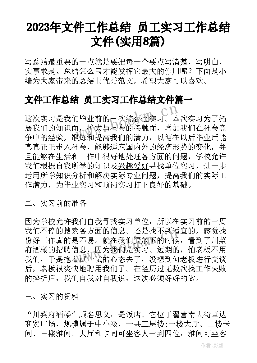 2023年文件工作总结 员工实习工作总结文件(实用8篇)