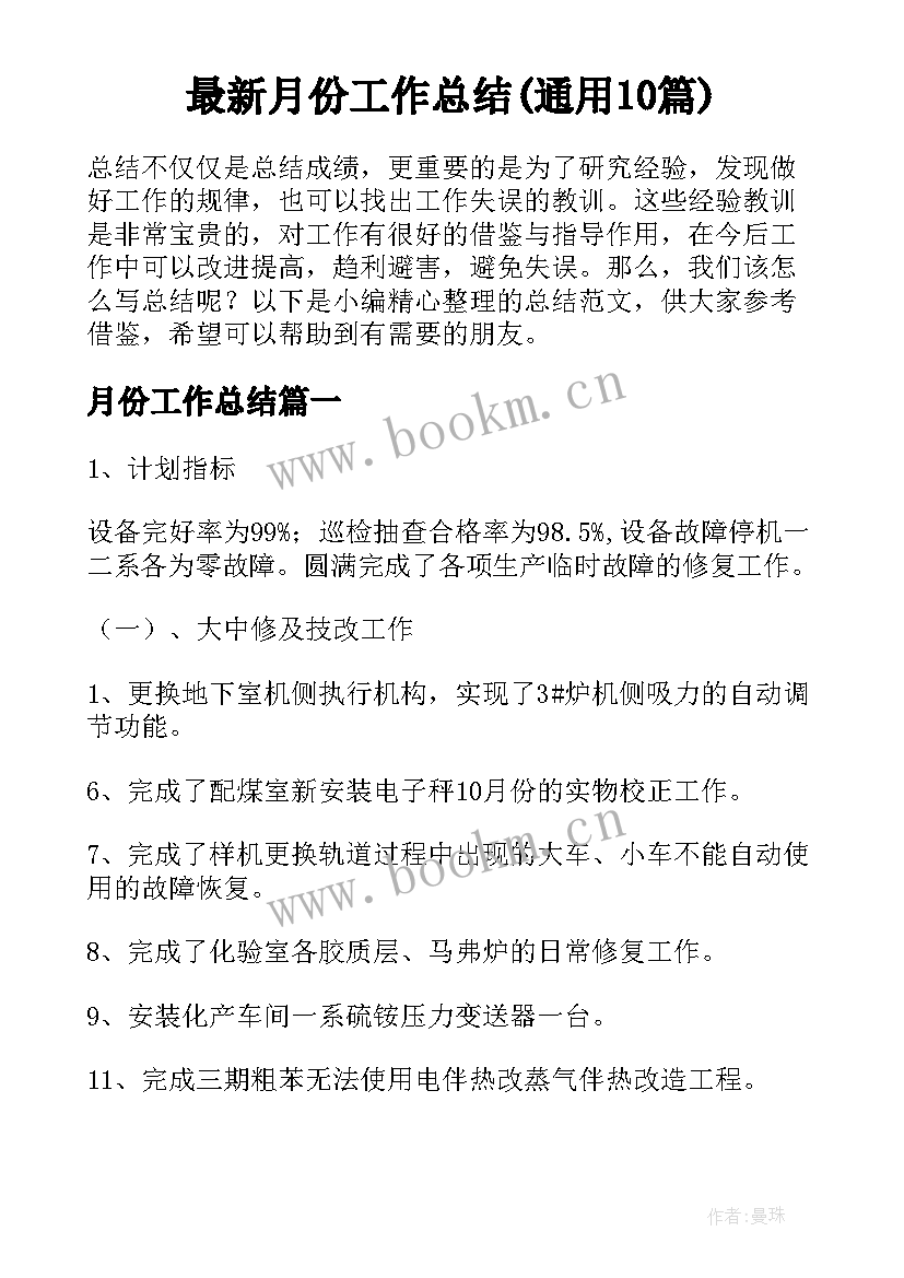 最新月份工作总结(通用10篇)