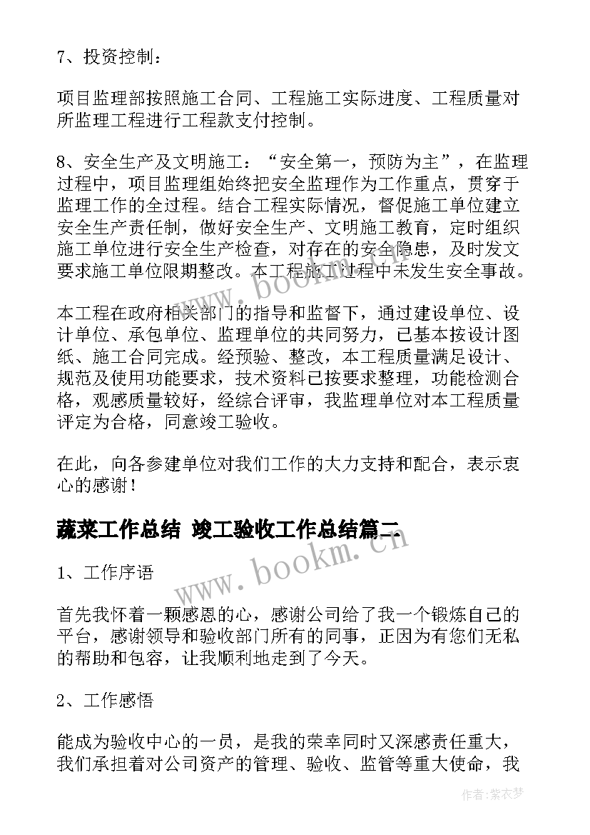 最新蔬菜工作总结 竣工验收工作总结(模板5篇)