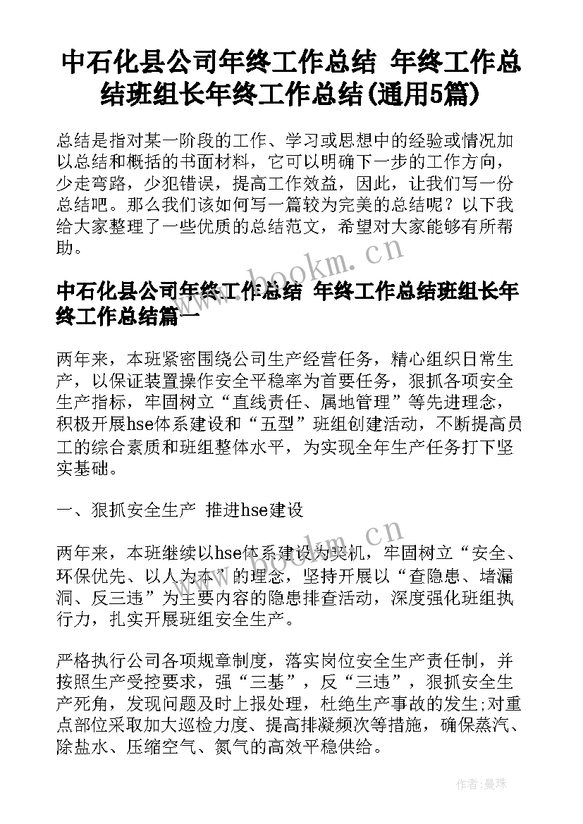 中石化县公司年终工作总结 年终工作总结班组长年终工作总结(通用5篇)