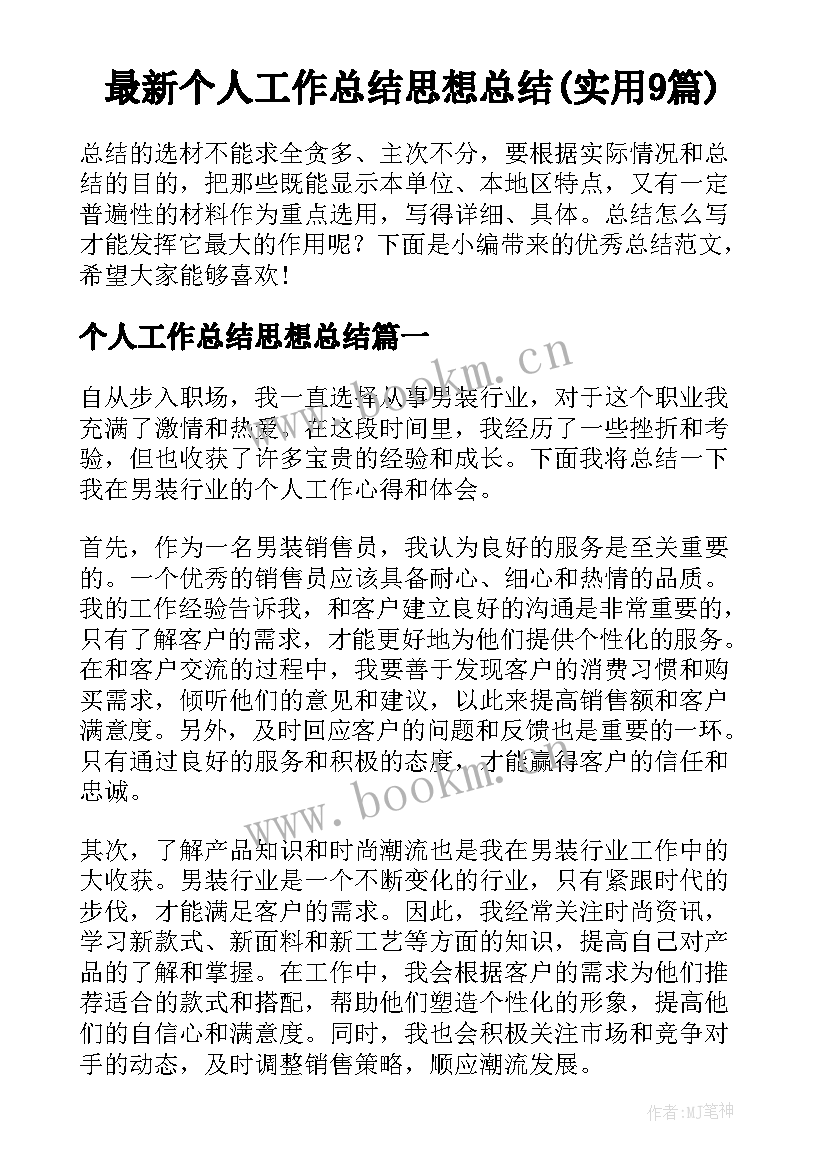 最新个人工作总结思想总结(实用9篇)