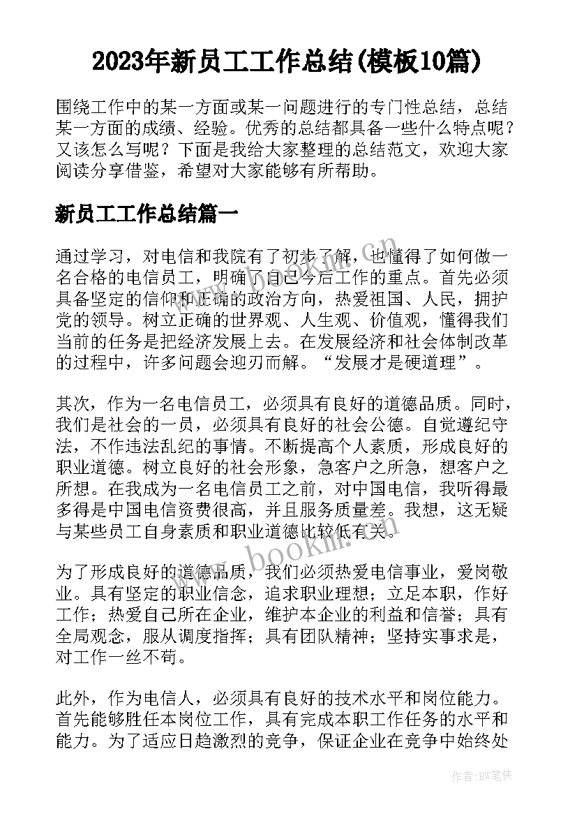 2023年新员工工作总结(模板10篇)