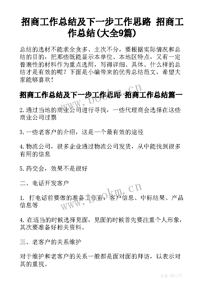 招商工作总结及下一步工作思路 招商工作总结(大全9篇)