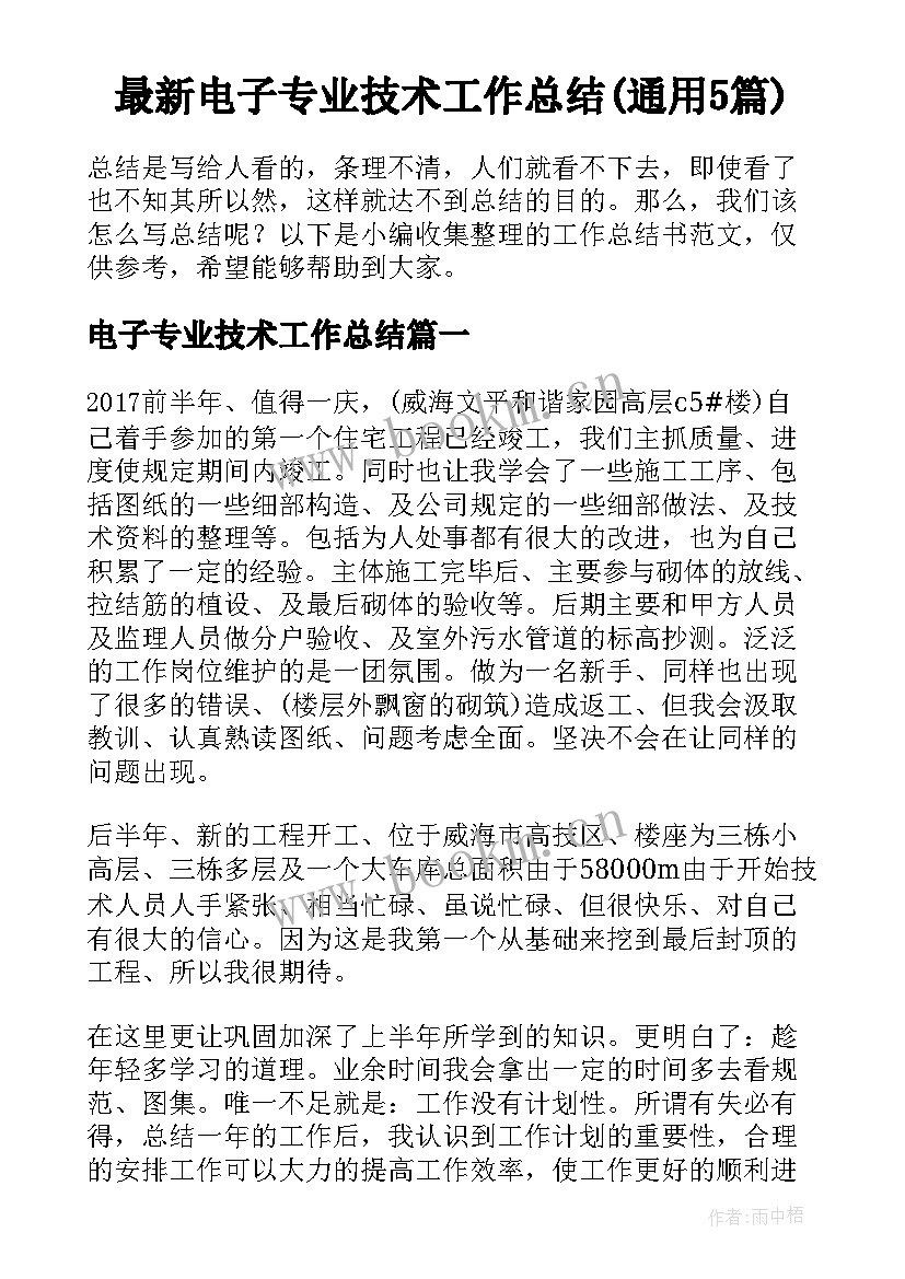 最新电子专业技术工作总结(通用5篇)