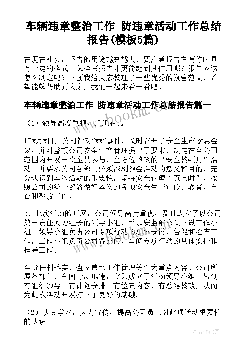 车辆违章整治工作 防违章活动工作总结报告(模板5篇)