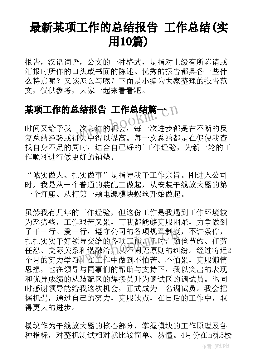 最新某项工作的总结报告 工作总结(实用10篇)