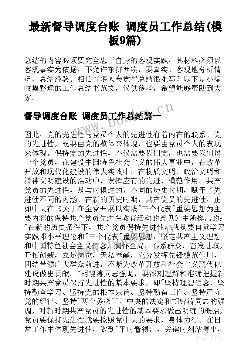 最新督导调度台账 调度员工作总结(模板9篇)