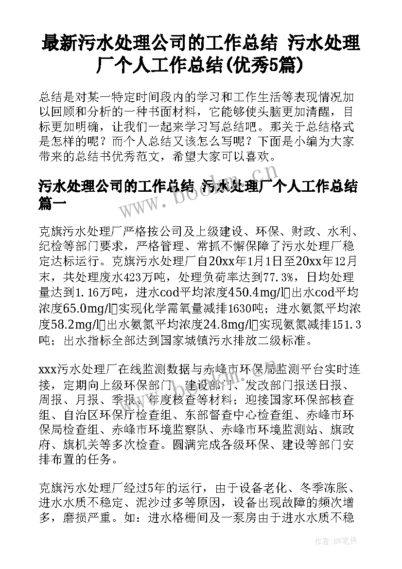 最新污水处理公司的工作总结 污水处理厂个人工作总结(优秀5篇)