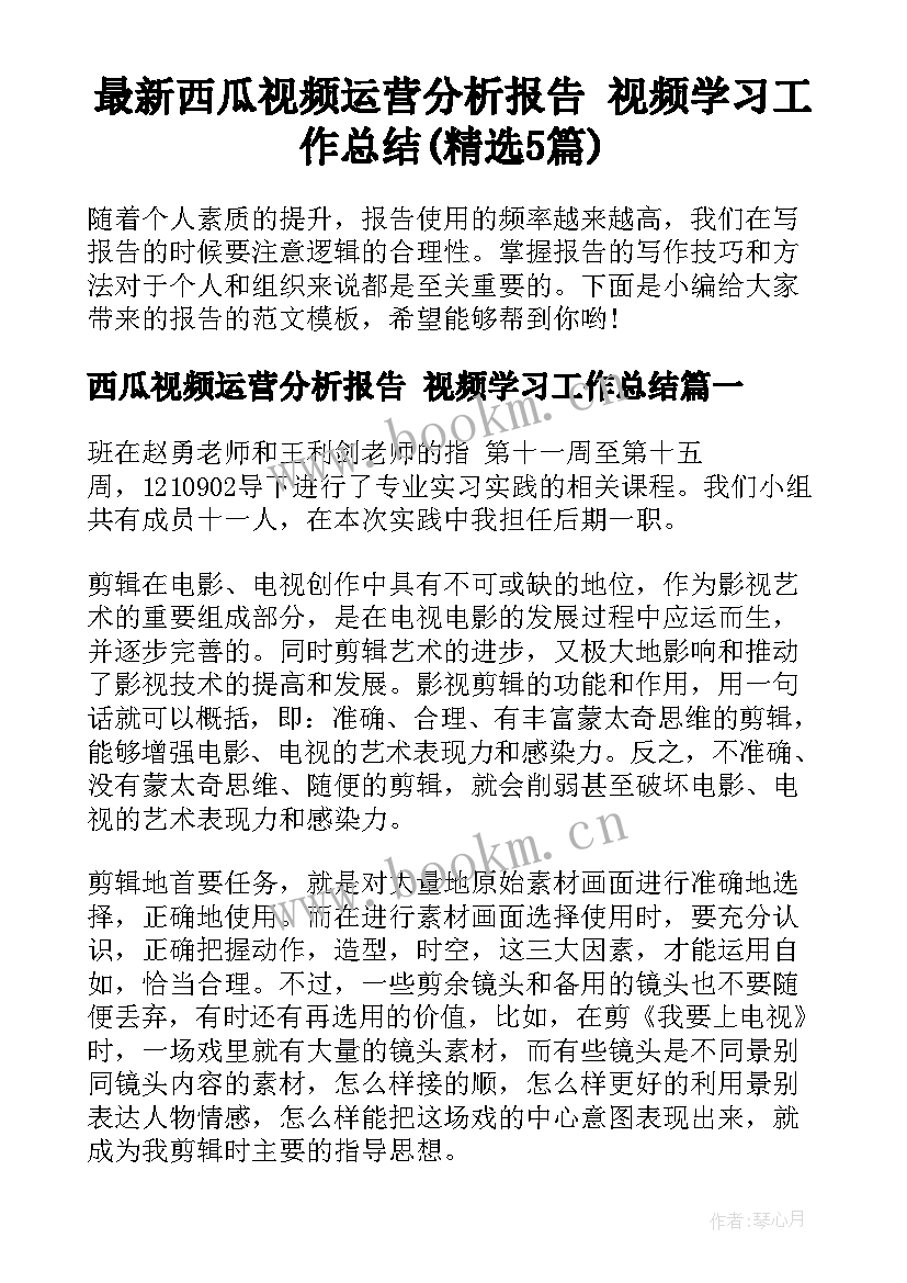 最新西瓜视频运营分析报告 视频学习工作总结(精选5篇)