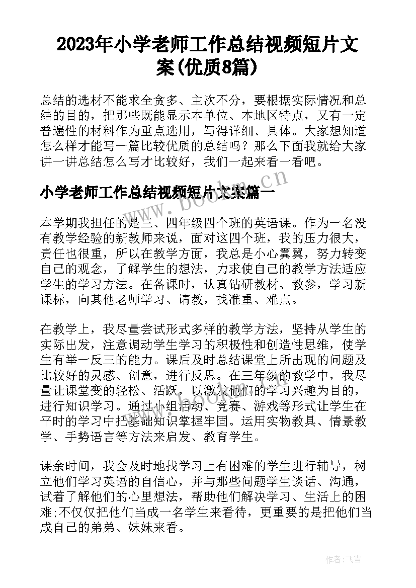 2023年小学老师工作总结视频短片文案(优质8篇)