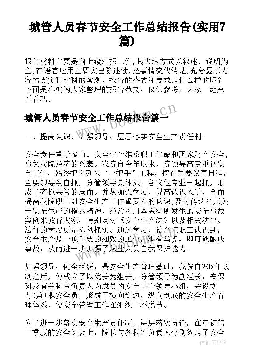 城管人员春节安全工作总结报告(实用7篇)