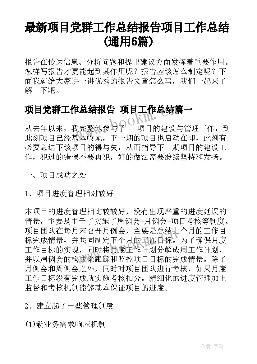 最新项目党群工作总结报告 项目工作总结(通用6篇)