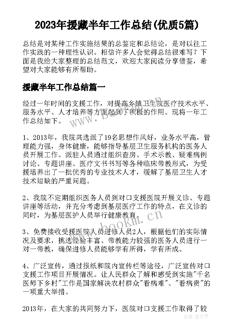 2023年援藏半年工作总结(优质5篇)