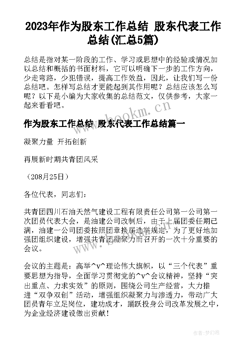 2023年作为股东工作总结 股东代表工作总结(汇总5篇)