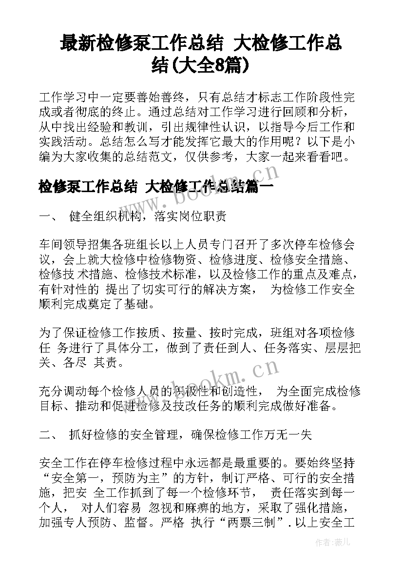 最新检修泵工作总结 大检修工作总结(大全8篇)