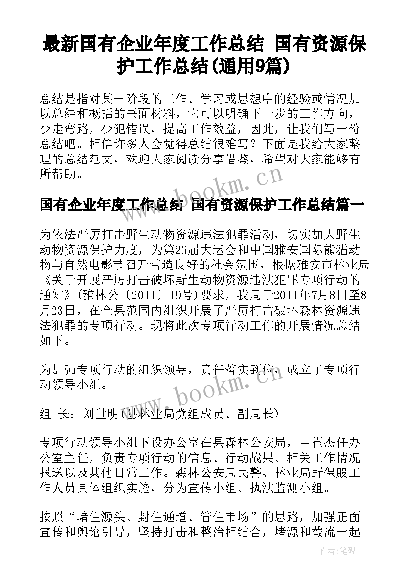 最新国有企业年度工作总结 国有资源保护工作总结(通用9篇)