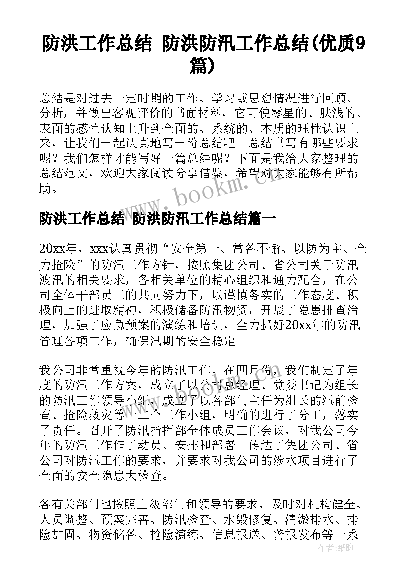 防洪工作总结 防洪防汛工作总结(优质9篇)