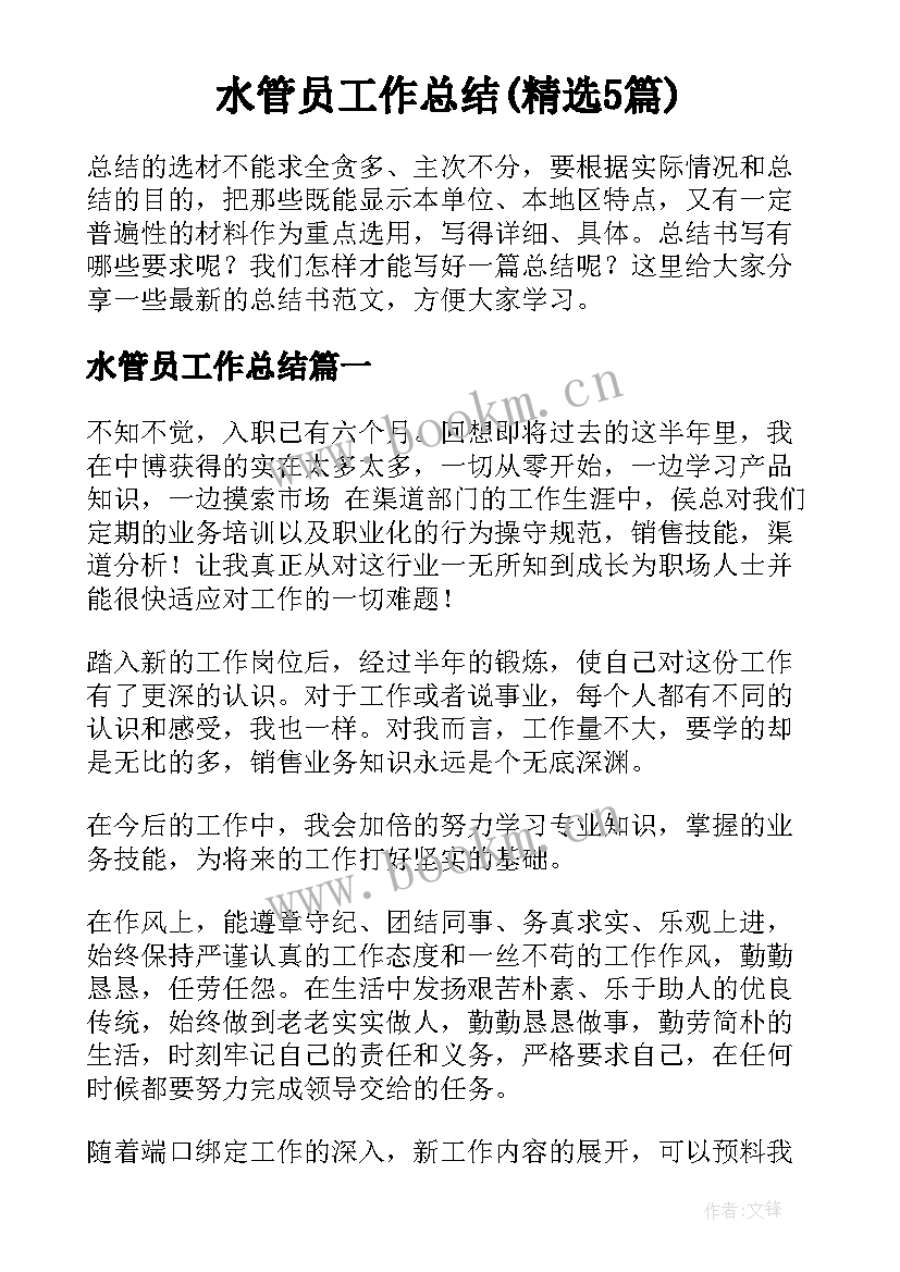 水管员工作总结(精选5篇)