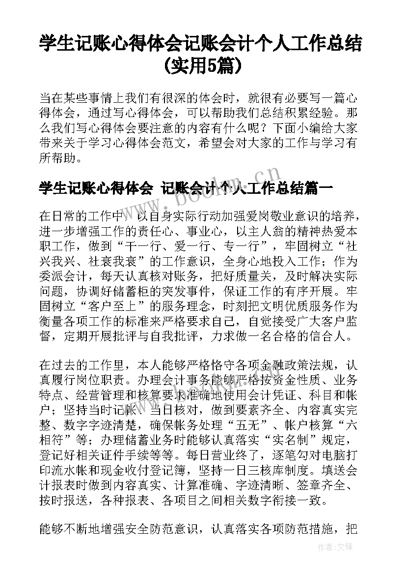 学生记账心得体会 记账会计个人工作总结(实用5篇)