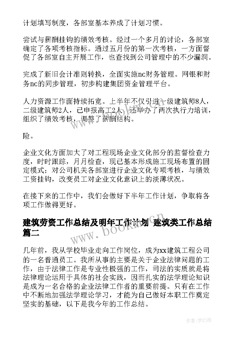 2023年建筑劳资工作总结及明年工作计划 建筑类工作总结(精选7篇)