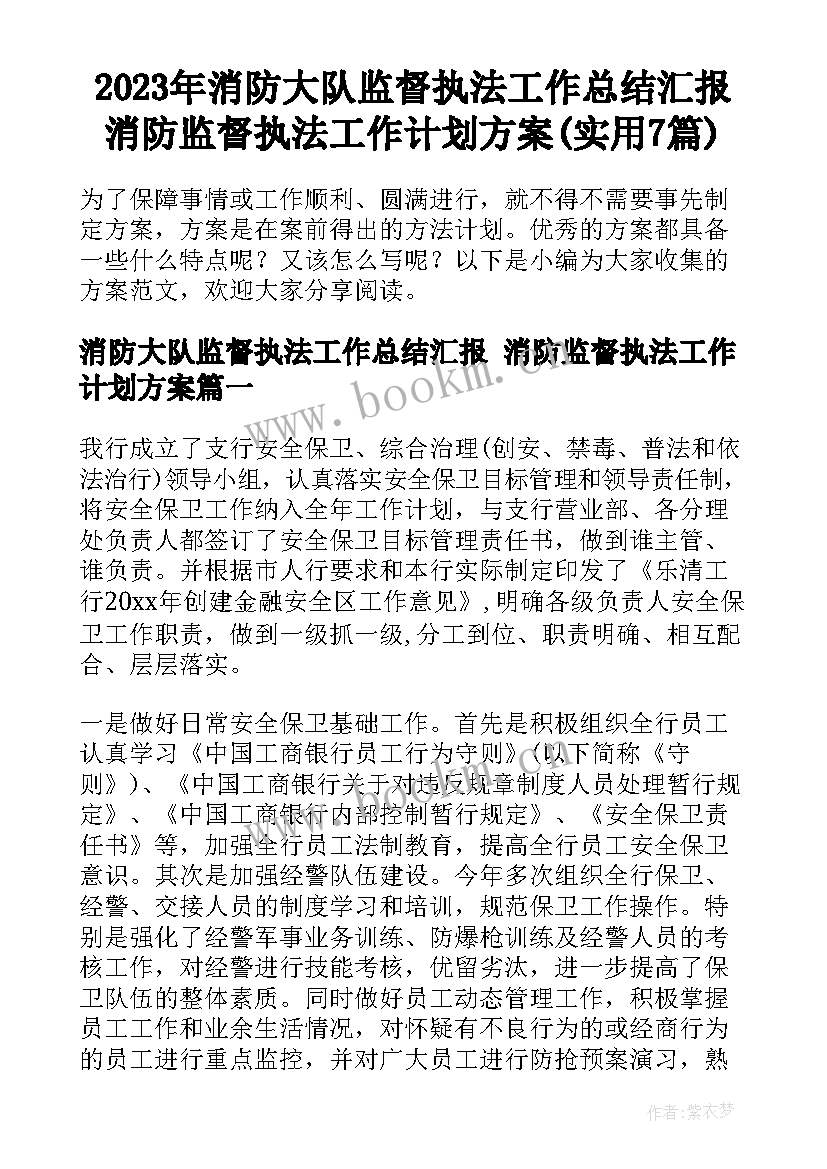 2023年消防大队监督执法工作总结汇报 消防监督执法工作计划方案(实用7篇)