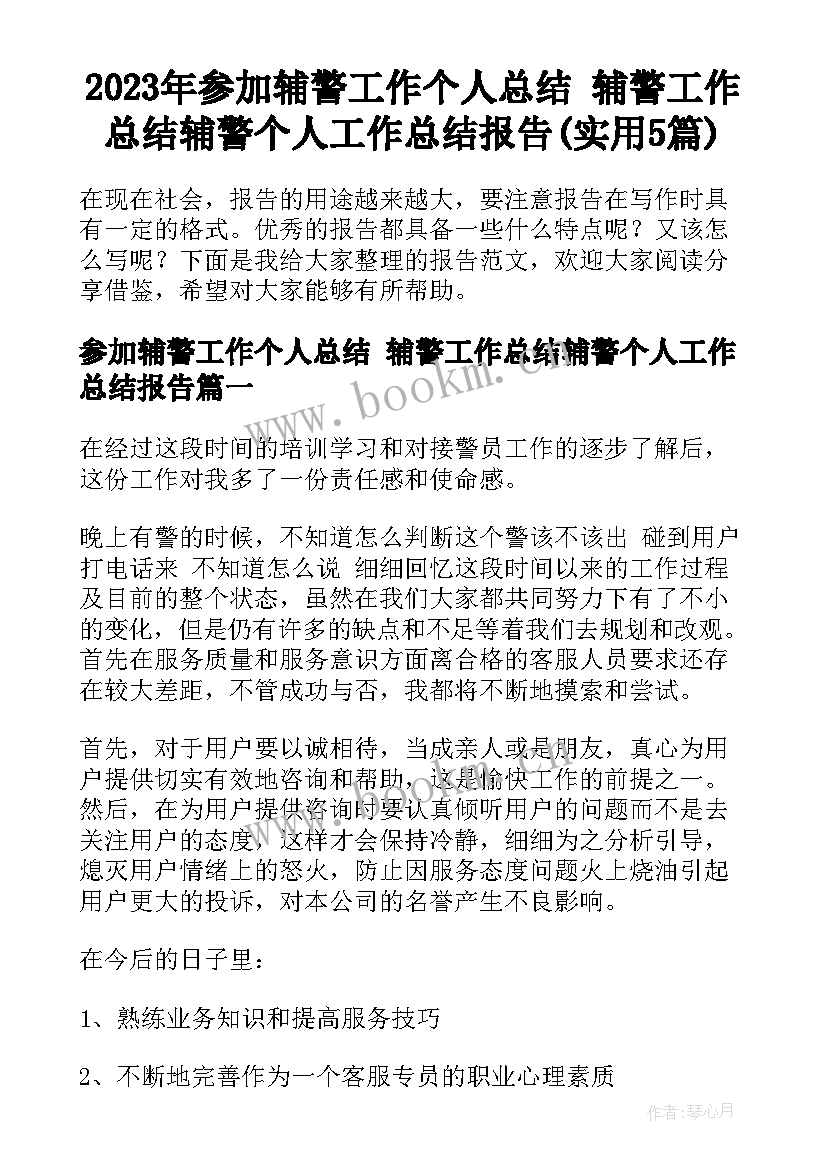 2023年参加辅警工作个人总结 辅警工作总结辅警个人工作总结报告(实用5篇)