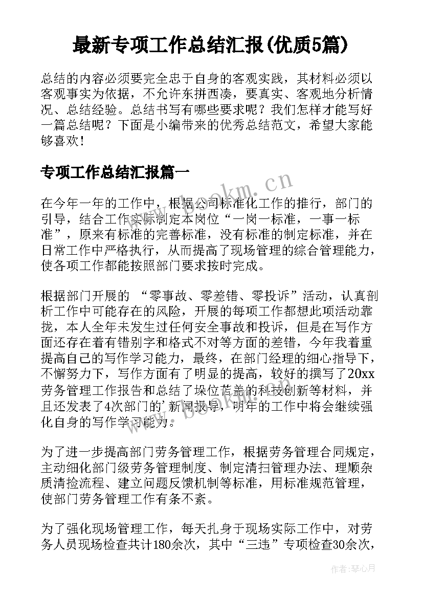 最新专项工作总结汇报(优质5篇)