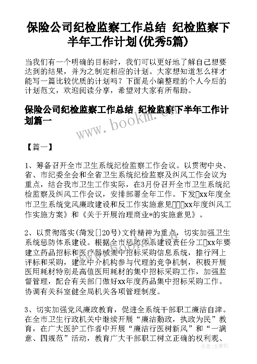 保险公司纪检监察工作总结 纪检监察下半年工作计划(优秀5篇)