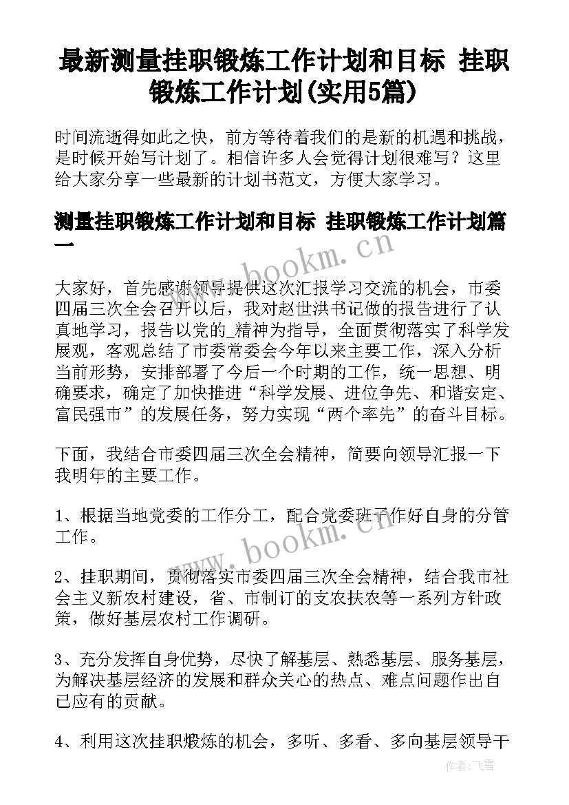 最新测量挂职锻炼工作计划和目标 挂职锻炼工作计划(实用5篇)