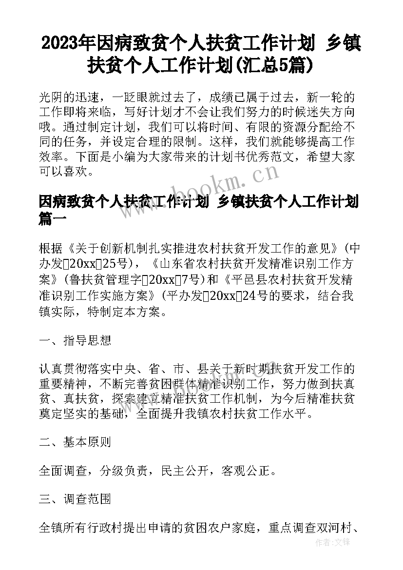 2023年因病致贫个人扶贫工作计划 乡镇扶贫个人工作计划(汇总5篇)