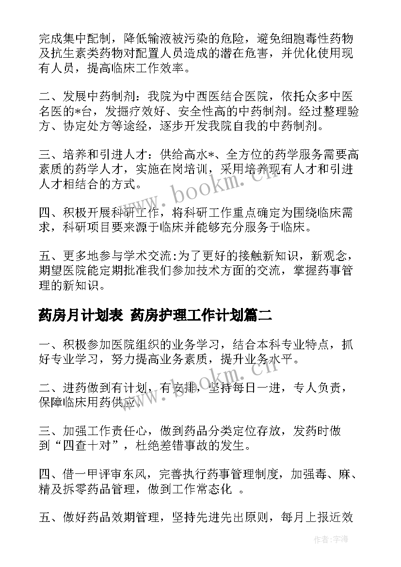 最新药房月计划表 药房护理工作计划(通用10篇)