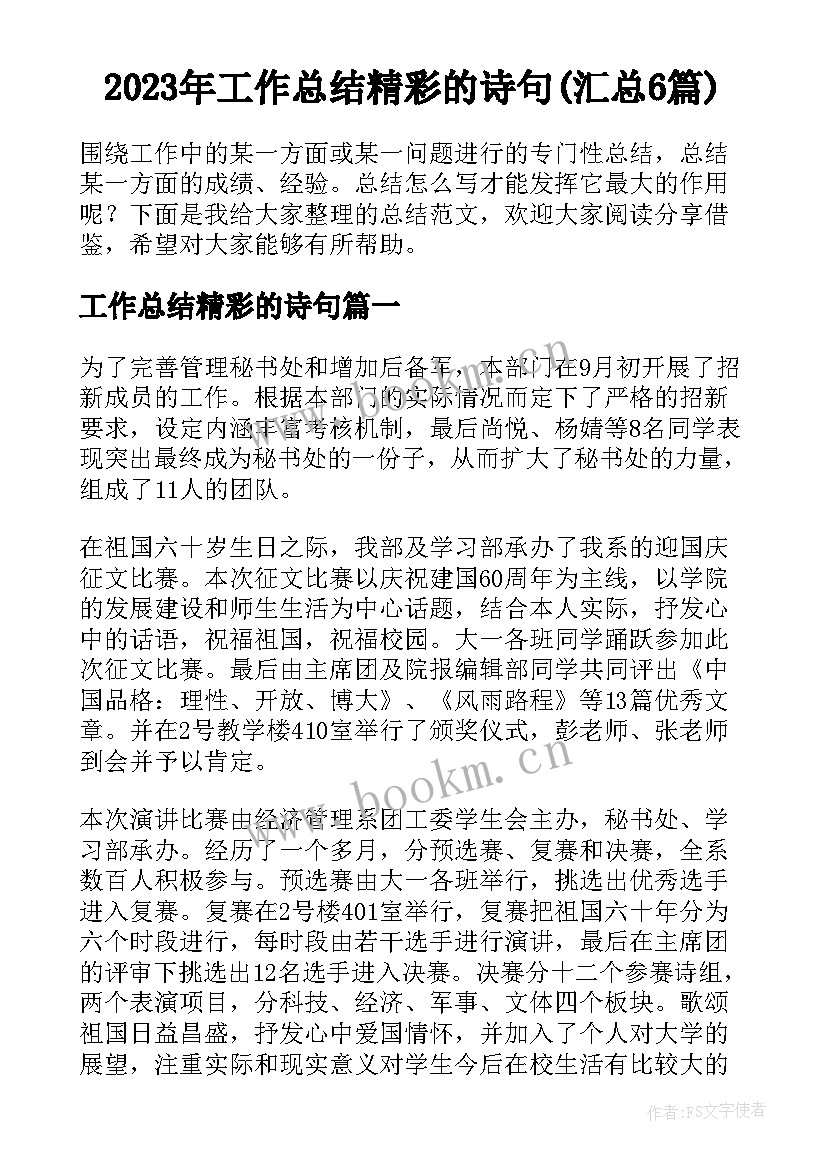 2023年工作总结精彩的诗句(汇总6篇)