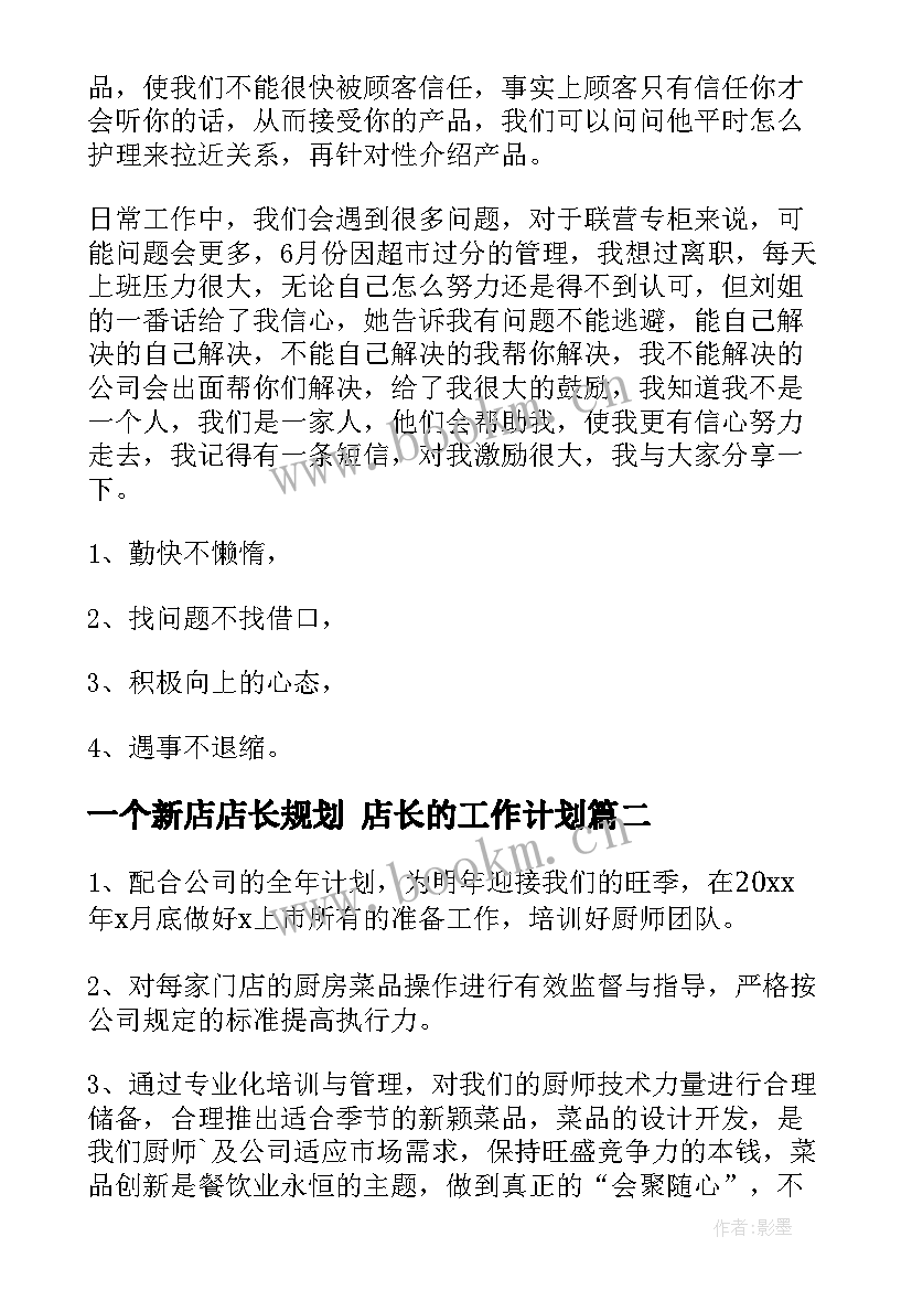 最新一个新店店长规划 店长的工作计划(通用6篇)