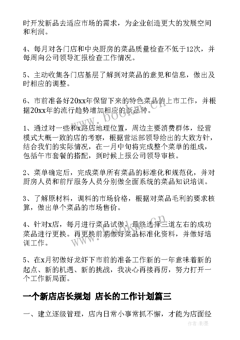 最新一个新店店长规划 店长的工作计划(通用6篇)