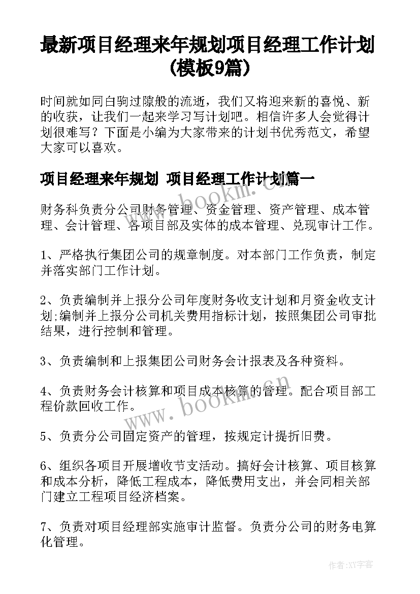 最新项目经理来年规划 项目经理工作计划(模板9篇)