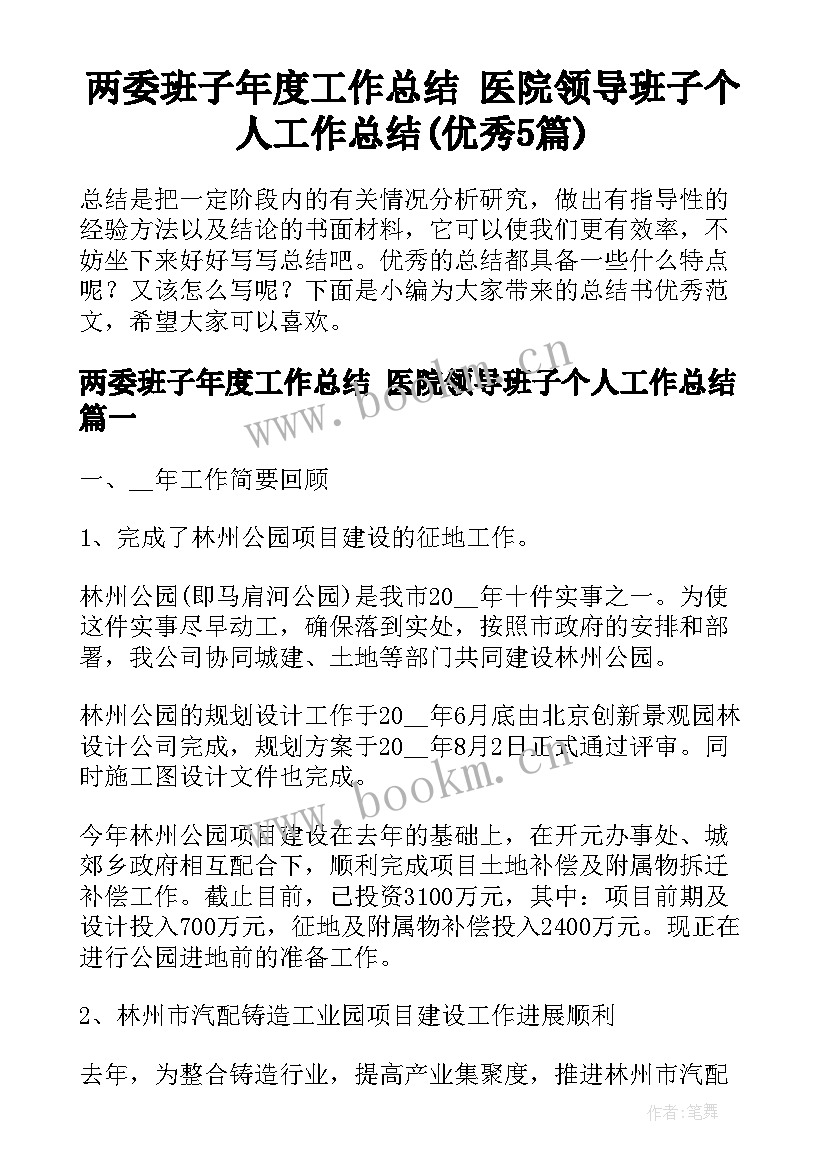 两委班子年度工作总结 医院领导班子个人工作总结(优秀5篇)