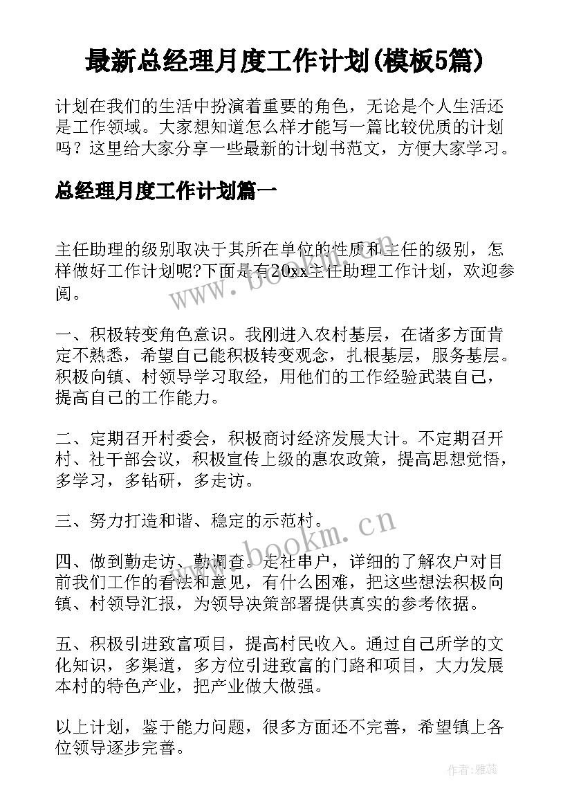 最新总经理月度工作计划(模板5篇)