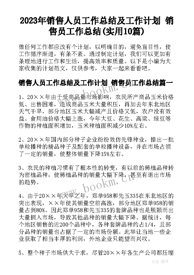 2023年销售人员工作总结及工作计划 销售员工作总结(实用10篇)