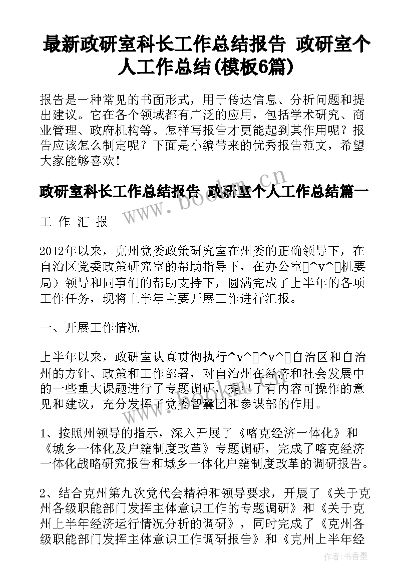 最新政研室科长工作总结报告 政研室个人工作总结(模板6篇)