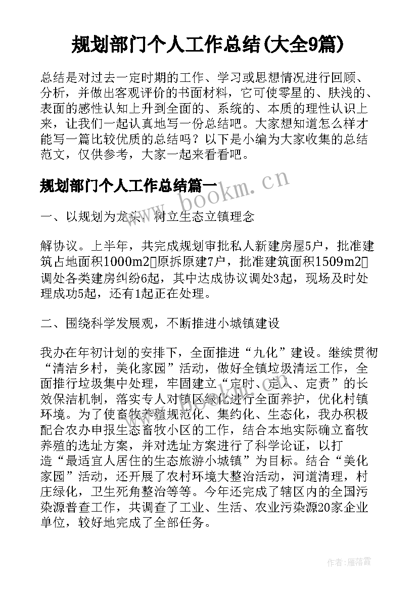 规划部门个人工作总结(大全9篇)